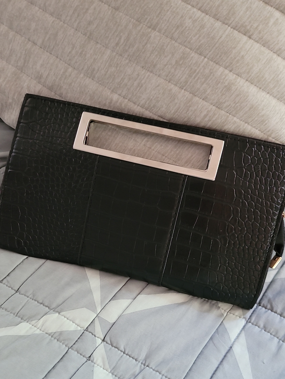Black Croc-Embossed Rectangle Handle Clutch